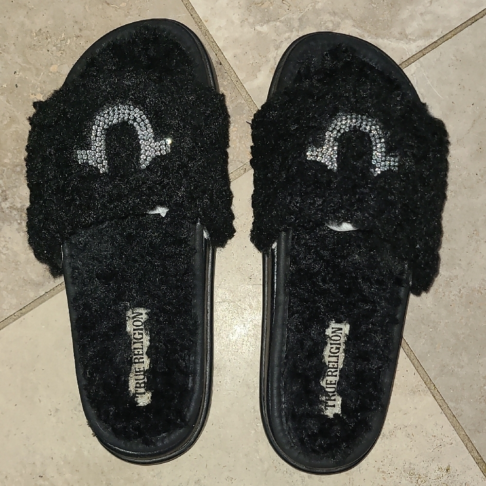 True Religion Black Fuzzy Slides with Rhinestone Detail - Picture 5 of 5